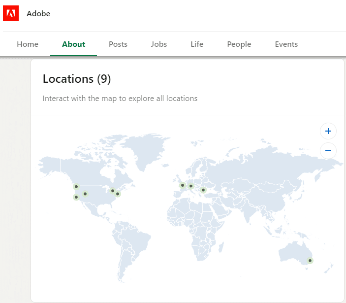 Adobe company page screenshot showing the Locations section