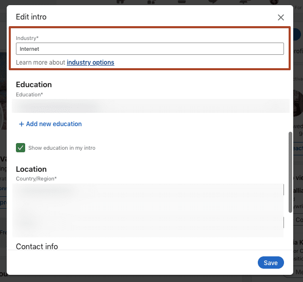 Find the industry field (under the Current position section)