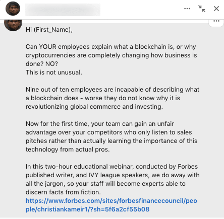 Example of a bulk selling message sent through LinkedIn message automation