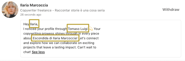 Example of a personal greeting in invite note using LinkedIn message automation