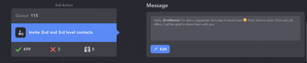 LinkedIn message automation tool with the “invite 2nd and 3rd level contacts” action and invite note
