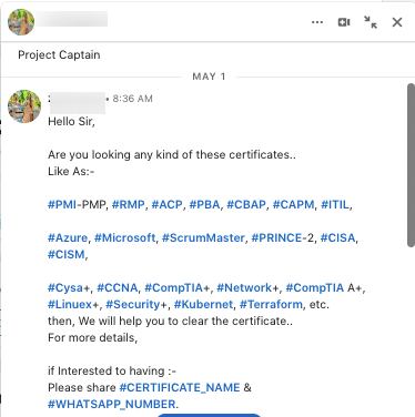 Example of a spam message sent through LinkedIn message automation