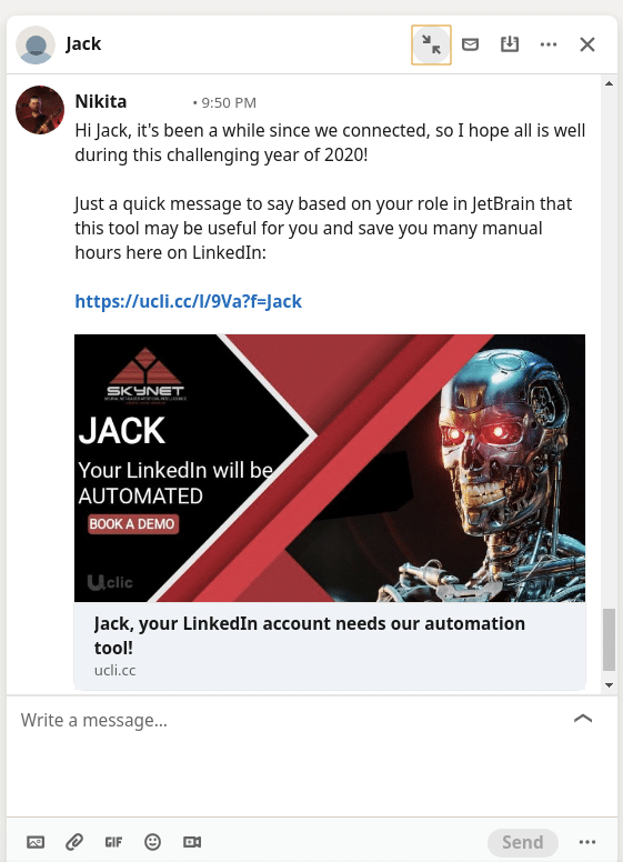 Example of using deep personalization with images and link preview using LinkedIn message automation