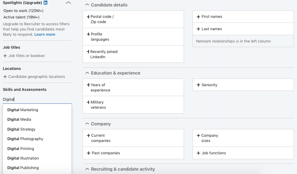 Advanced filters by skills in LinkedIn Recruiter to find a target audience for LinkedIn automation tool