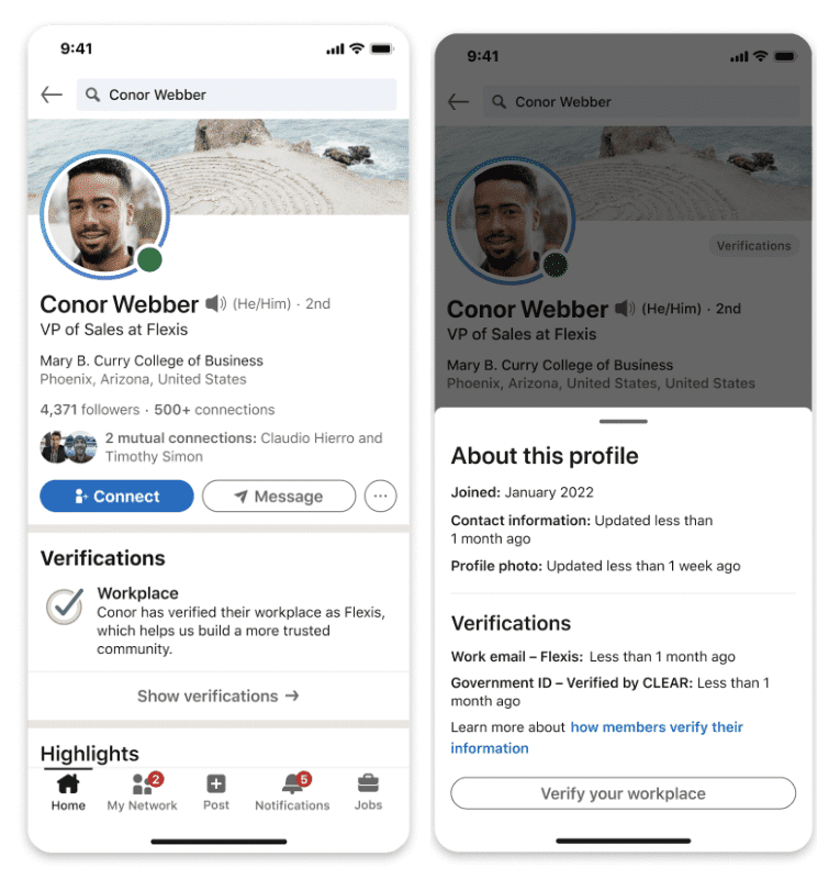 Examples of LinkedIn verification badges to prove the account is professional