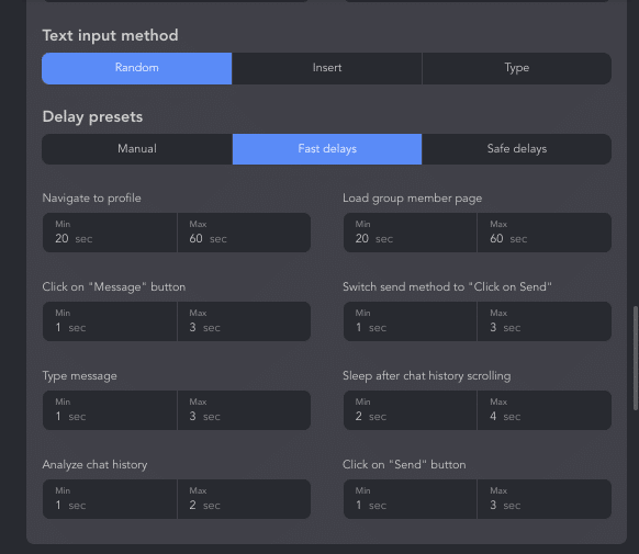 Actions delay settings in the LinkedIn message automation tool Linked Helper