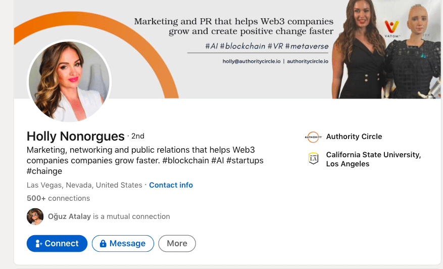 Example of a LinkedIn headline as it appears when transitioning to a profile from search results