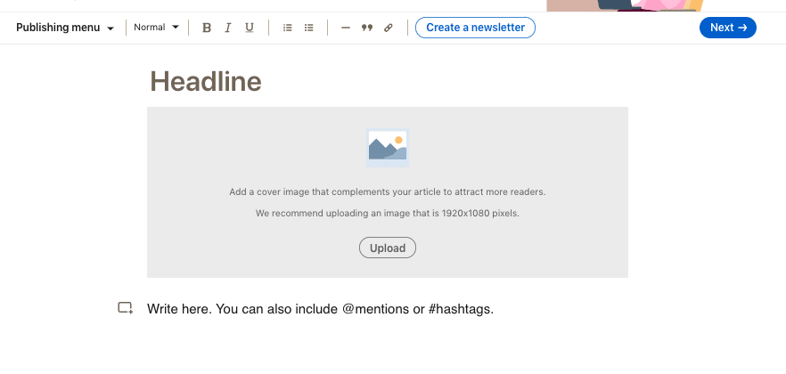 LinkedIn interface for sharing an article
