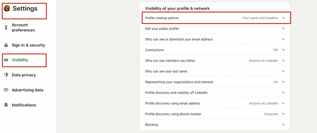 How to turn off the LinkedIn profile view feature in the visibility menu item