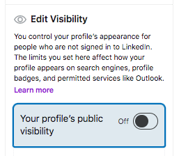 Disabling your profile's public visibility on LinkedIn's menu item