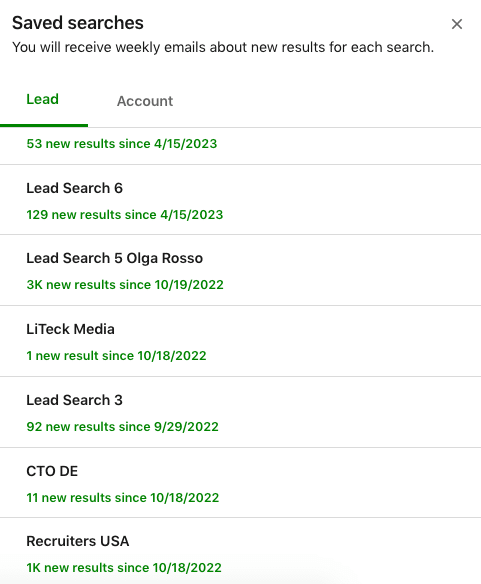 Screenshot of search interface in LinkedIn with Saved Searches feature in Sales Navigator with saved filters