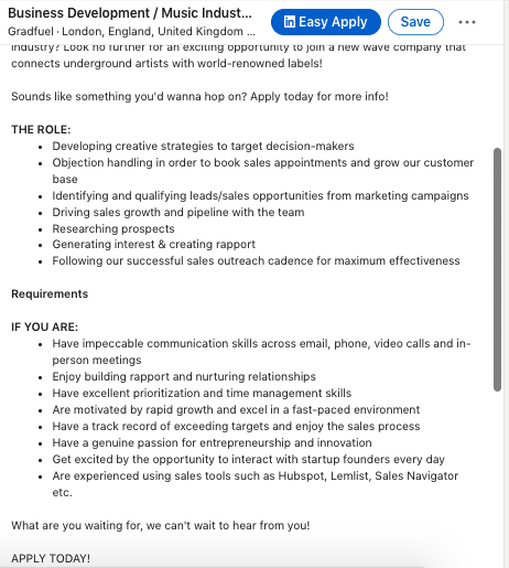 A screenshot of a job description example for Business Development on LinkedIn.