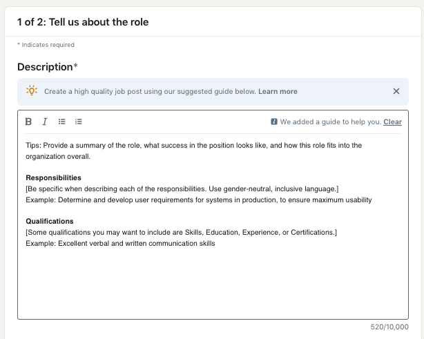 Job description for LinkedIn: screenshot of the section for editing the job description text.