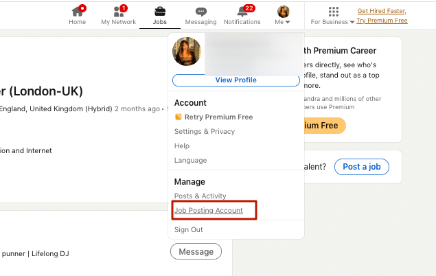 How to share a job posting on LinkedIn: add a job posting account.