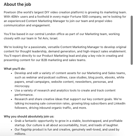 A screenshot of a job description example for a marketing manager on LinkedIn.