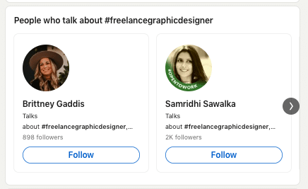 Screenshot of LinkedIn hashtag search for people who talk about the hashtag