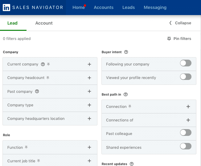 Screenshot of search interface in LinkedIn Sales Navigator with unique filters