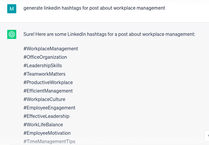 Screenshot from ChatGPT for generating a diverse set of hashtags and keywords for a LinkedIn post