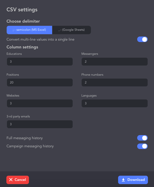 LinkedIn Sales Navigator export leads to Excel from the Linked Helper CRM settings