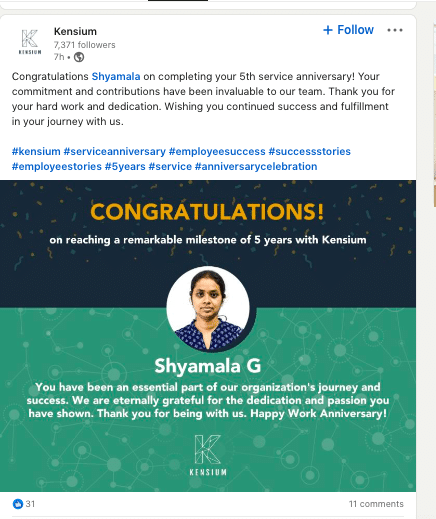 Screenshot of a post where a company utilizes work anniversary congratulations as employee success stories.