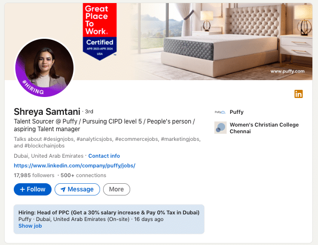 Screenshot of a LinkedIn profile where it's evident that the recruiter uses company promotion in their profile header.