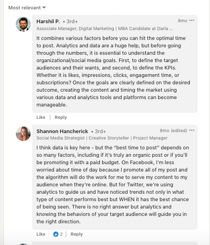 Examples of LinkedIn user discussions in the comments regarding the best posting time
