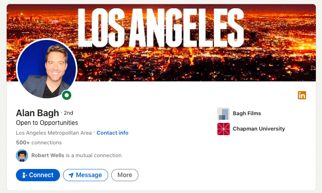 LinkedIn profile header image size and example showing Los Angeles.
