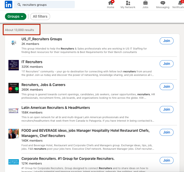 Screenshot of a LinkedIn search query for finding groups.