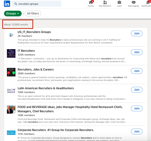 Screenshot of a LinkedIn search query for finding groups