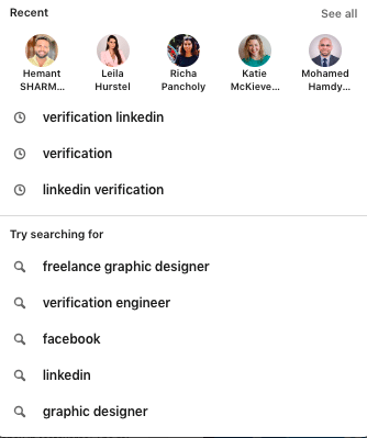 Example of how the LinkedIn search history in basic profile