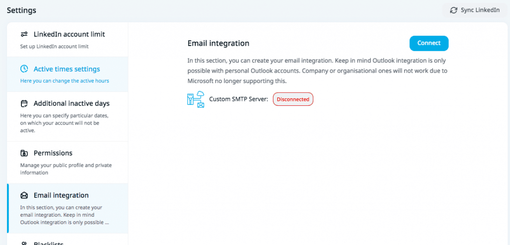 Expandi permits the setup of an email inbox directly within the application.