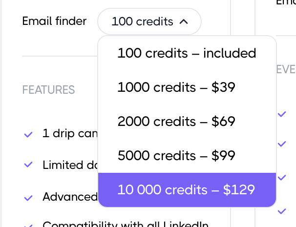 dripify cost email finder credits