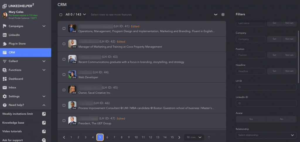 The Linked Helper CRM displays more comprehensive client data and filters.