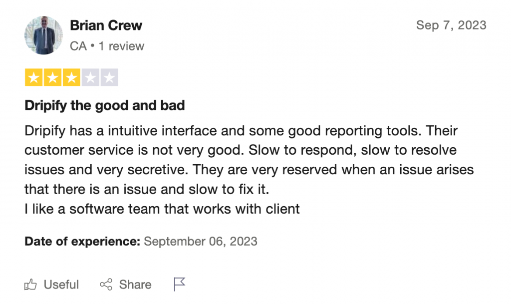 dripify review showing bad and good