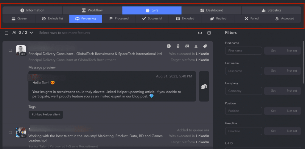 Linked Helper includes sheets for tracking campaign progress and explaining profile failure reason