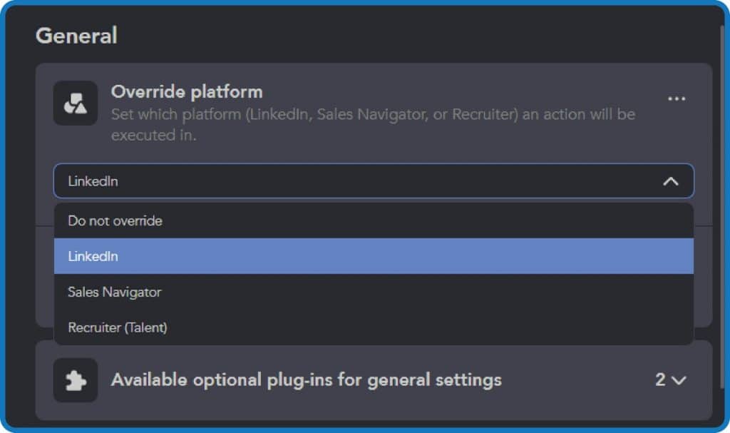 Screenshot of the Override Platform Plugin in a Linked Helper campaign.