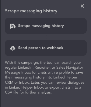 Screenshot of the Linked Helper campaign template for exporting message history.