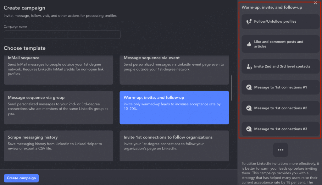 Screenshot of Linked Helper's window for creating campaigns based on templates.