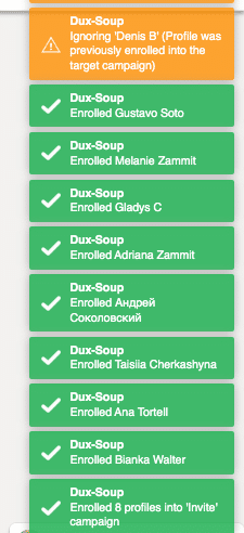 True Dux-Soup interface notifications while working on the LinkedIn page.