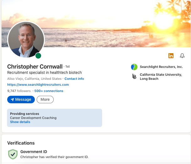 Chris Cornwall linkedin page screenshot