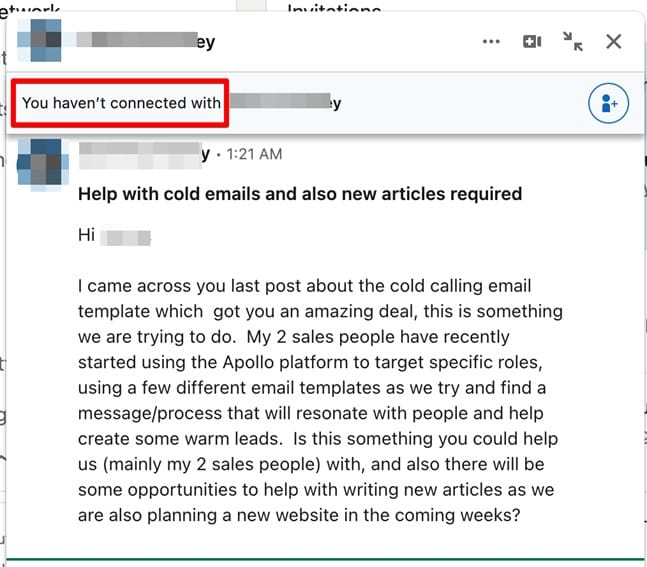 LinkedIn InMail message example.