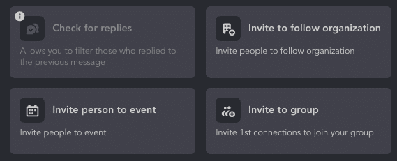 Linked Helper screenshot of actions for inviting to a group, event, or organization page.