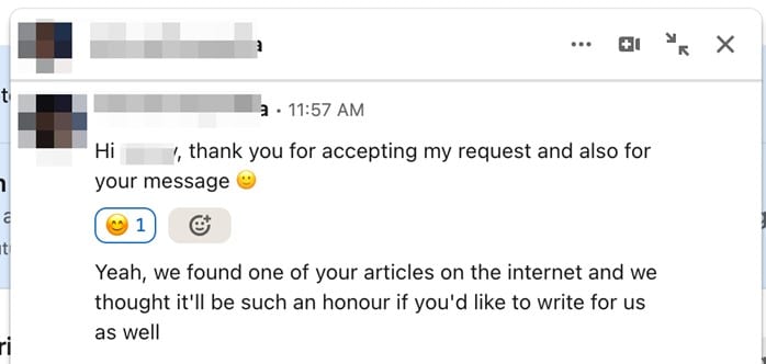 LinkedIn regular message example