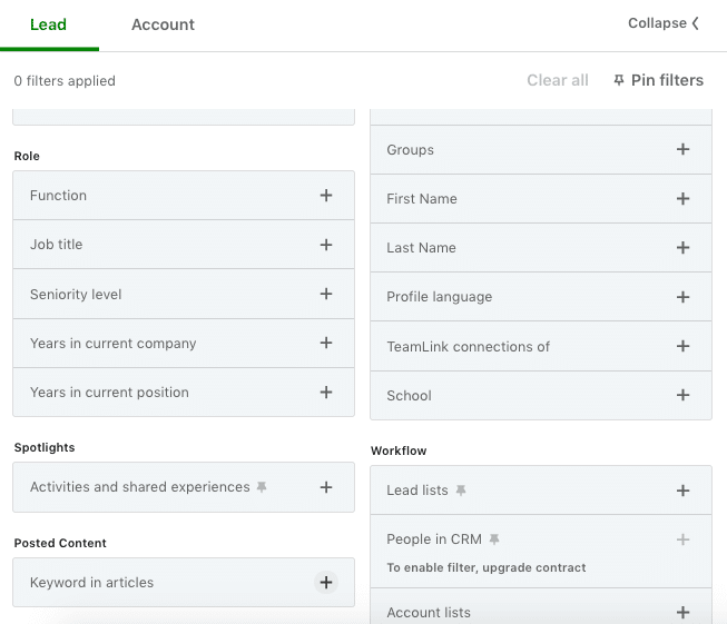 list of filters included in Sales Navigator