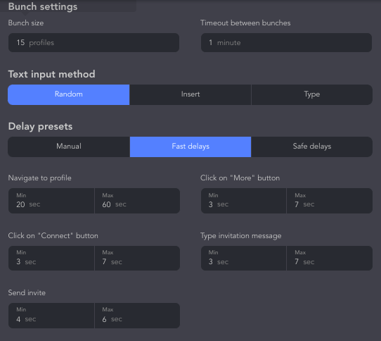 Delay settings and text input method in the Linked Helper interface.