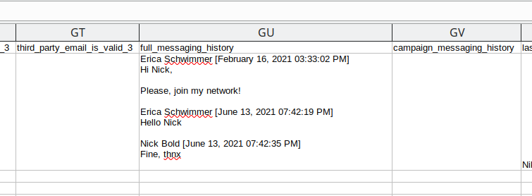 Screenshot showing Linked Helper CSV file with complete message history and dates in one cell