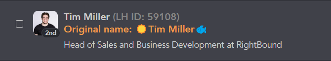 Screenshot of lead name with emoji in Linked Helper