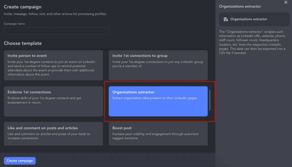 Screenshot of template selection for exporting organizations