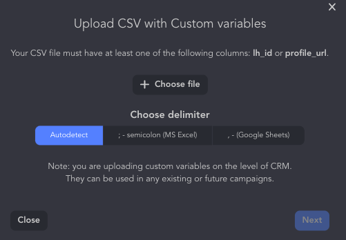 Upload CSV with custom variables in Linked Helper