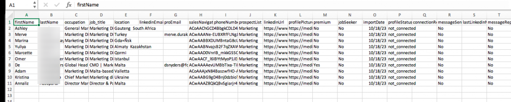 Screenshot of Waalaxy CSV Table after Parsing Profiles